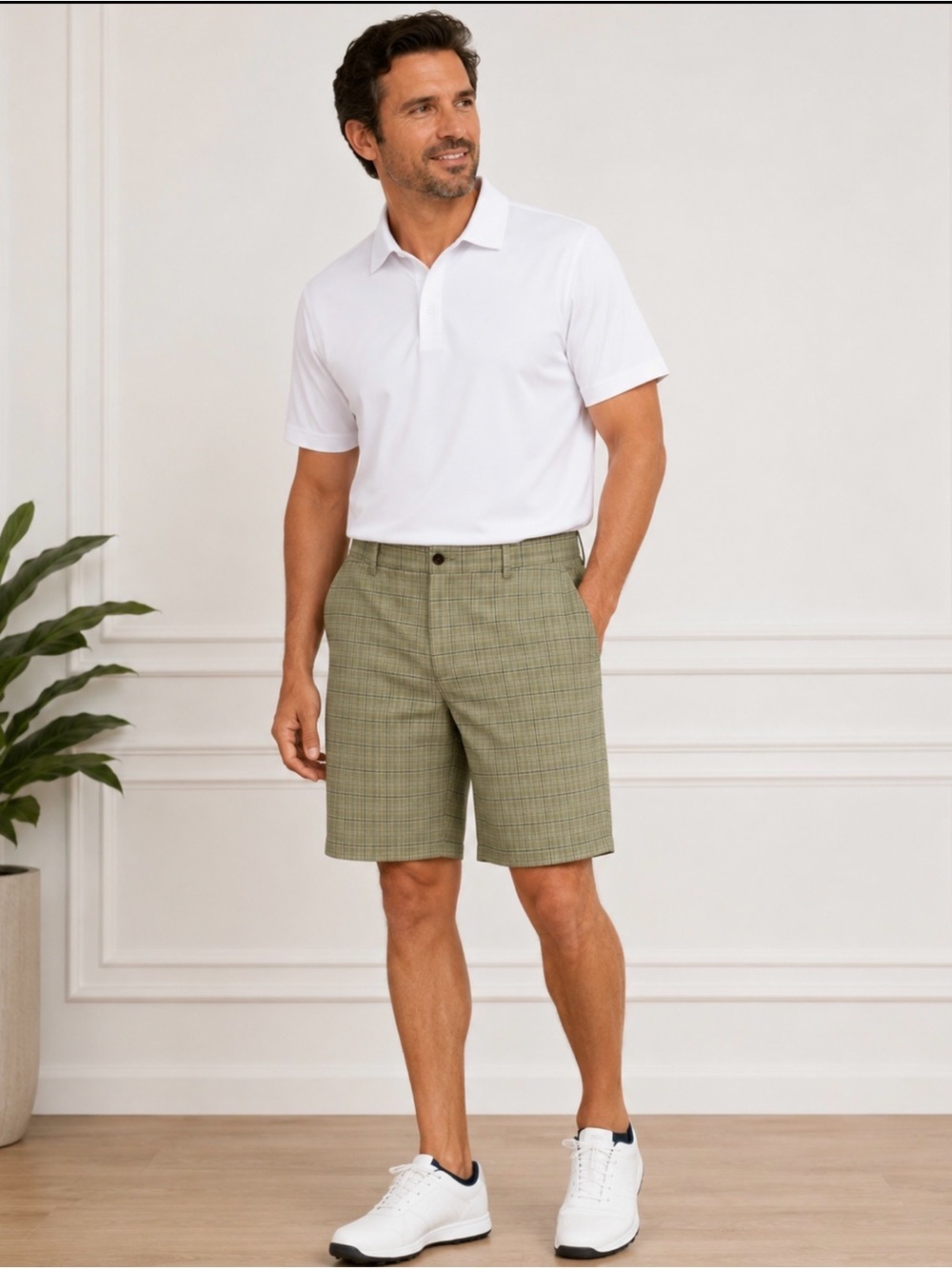 IZOD Golf Plaid Shorts Mens Size 38 Green Performance Flat Front